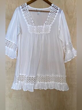 White Crochet-Trim Cotton Tunic Top